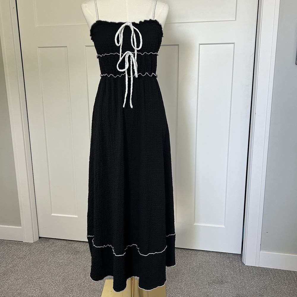 See You Monday Women's LARGE Black Contrast Trim Midi Dress Spaghetti Strap EUC - Picture 2 of 11